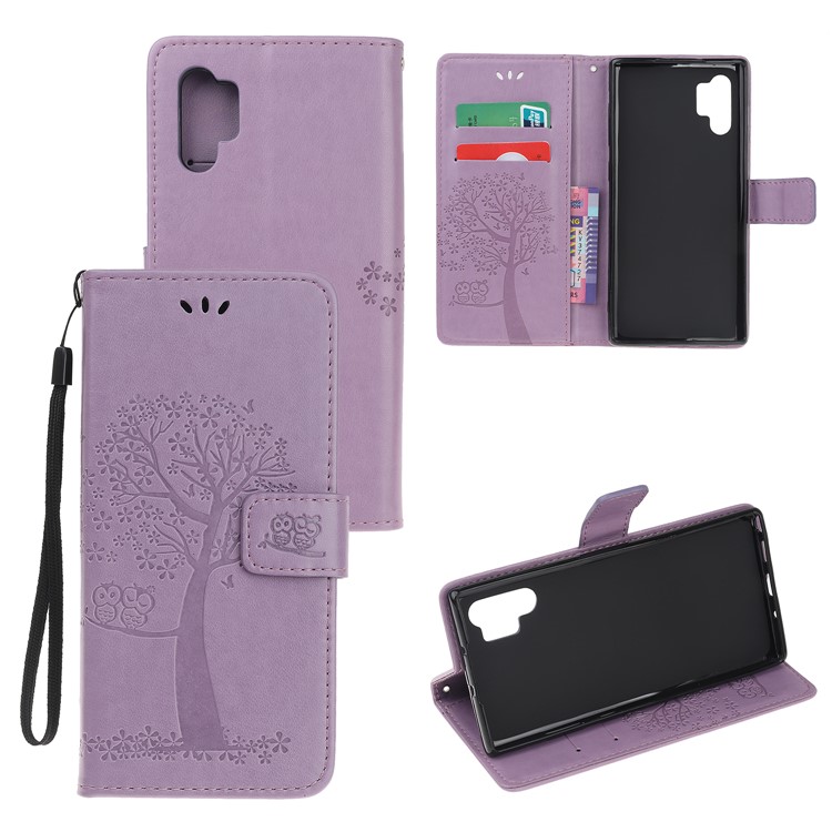 Imprint Tree Owl PU Leather Wallet Stand Case for Samsung Galaxy Note 10 Plus/10 Plus 5G - Light Purple-1