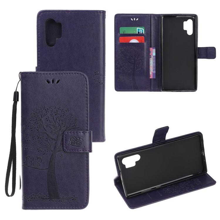 Imprint Tree Owl PU Leather Wallet Stand Case for Samsung Galaxy Note 10 Plus/10 Plus 5G - Dark Purple-1