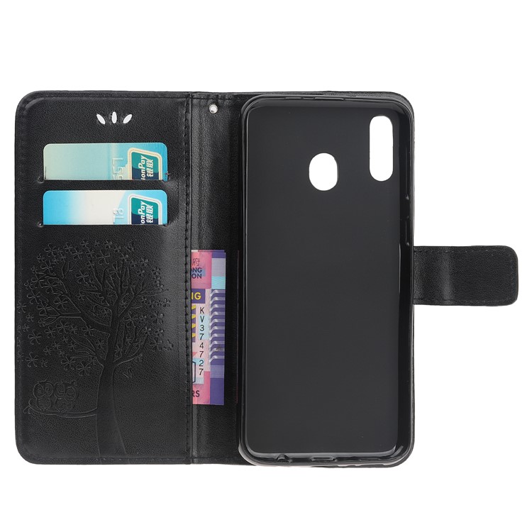 Imprint Tree Owl Leather Wallet Case for Samsung Galaxy M40 - Black-6