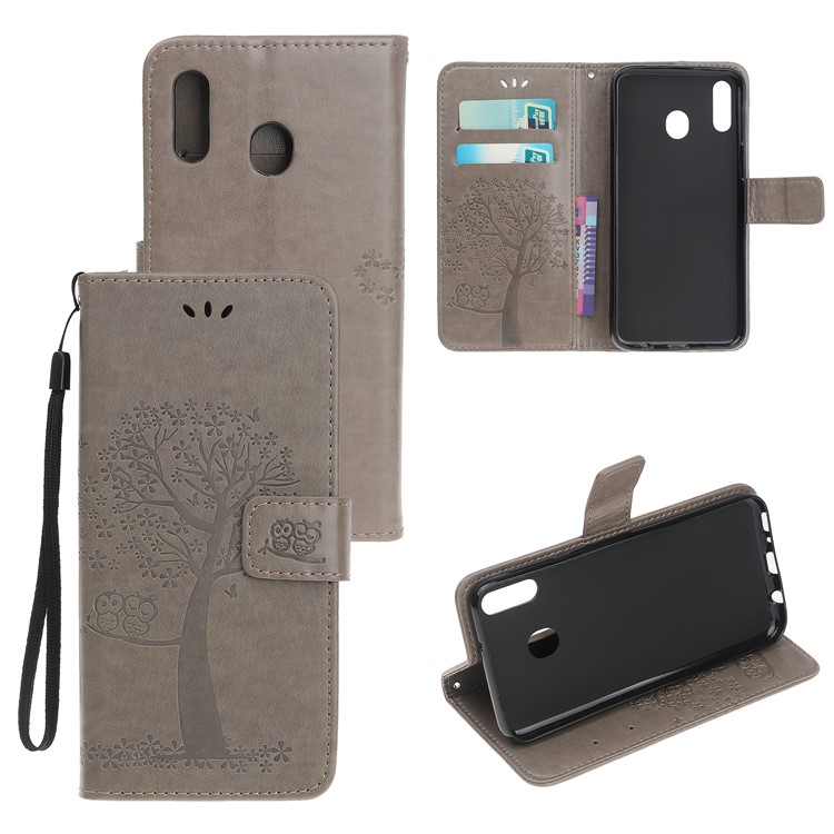 Imprint Tree Owl Leather Wallet Case for Samsung Galaxy M40 - Grey-1