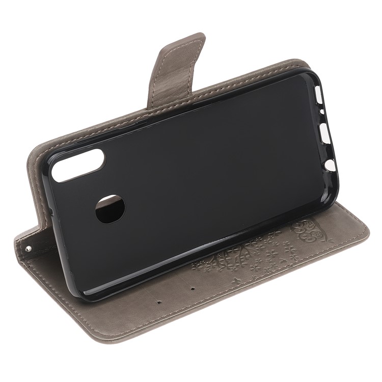 Imprint Tree Owl Leather Wallet Case for Samsung Galaxy M40 - Grey-5
