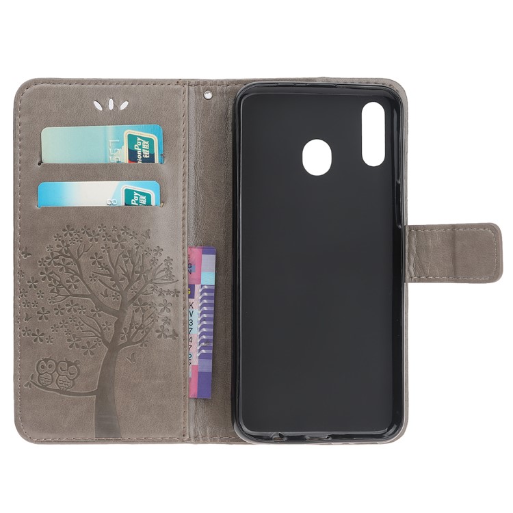 Imprint Tree Owl Leather Wallet Case for Samsung Galaxy M40 - Grey-6