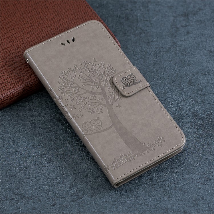 Imprint Tree Owl Leather Wallet Case for Samsung Galaxy M40 - Grey-7