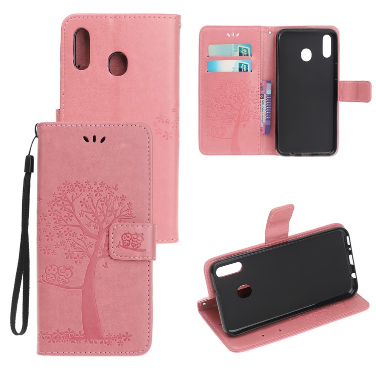 Imprint Tree Owl Leather Wallet Case for Samsung Galaxy M40 - Pink-1