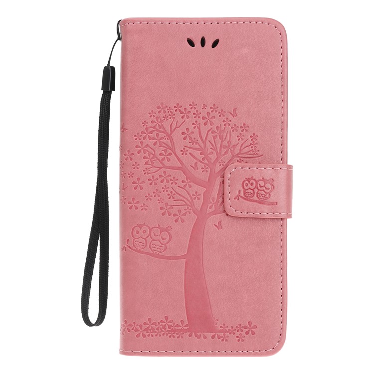 Imprint Tree Owl Leather Wallet Case for Samsung Galaxy M40 - Pink-2