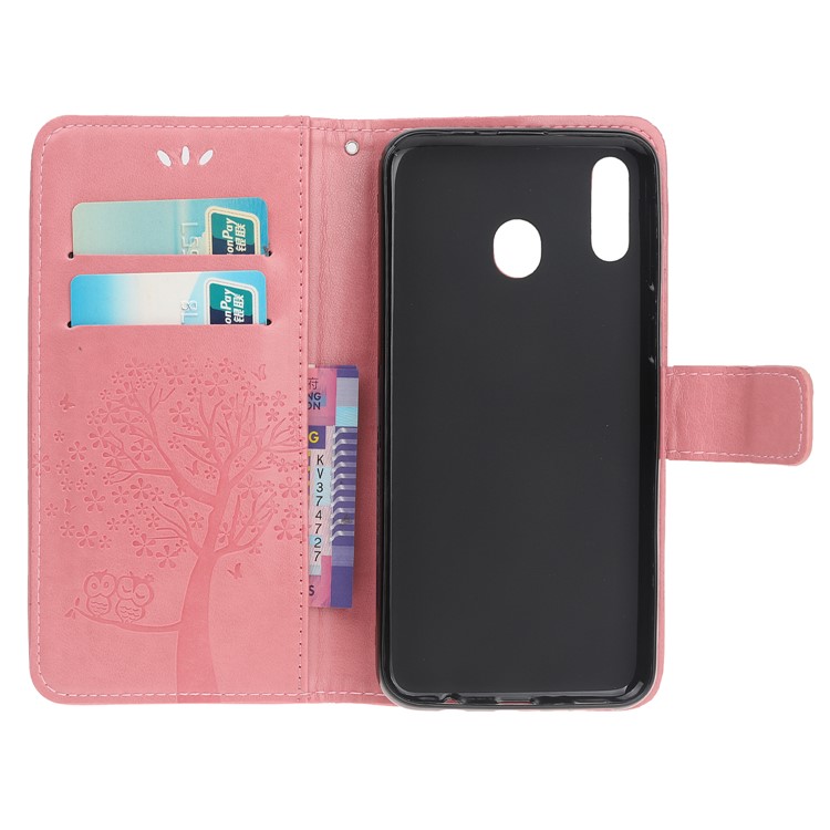 Imprint Tree Owl Leather Wallet Case for Samsung Galaxy M40 - Pink-6