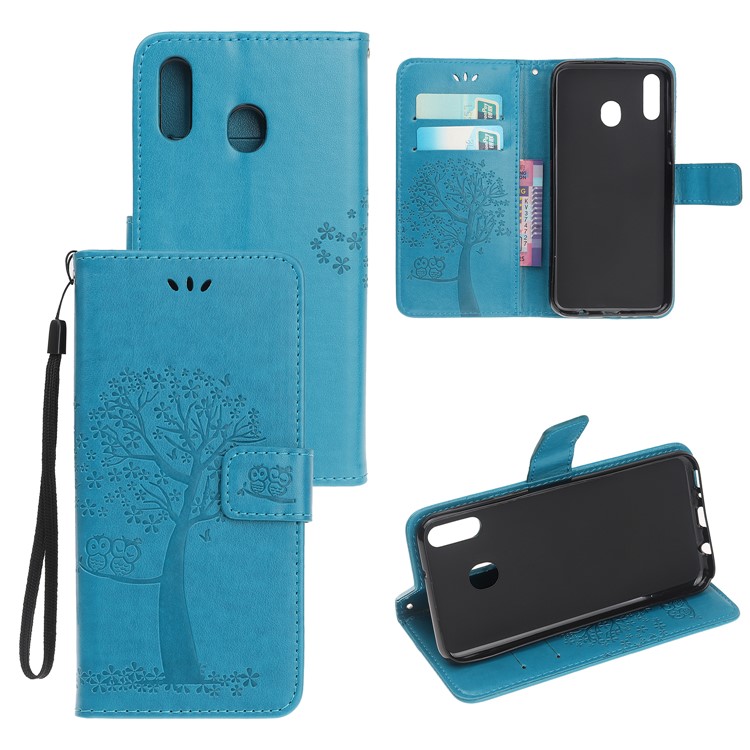 Imprint Tree Owl Leather Wallet Case for Samsung Galaxy M40 - Blue-1