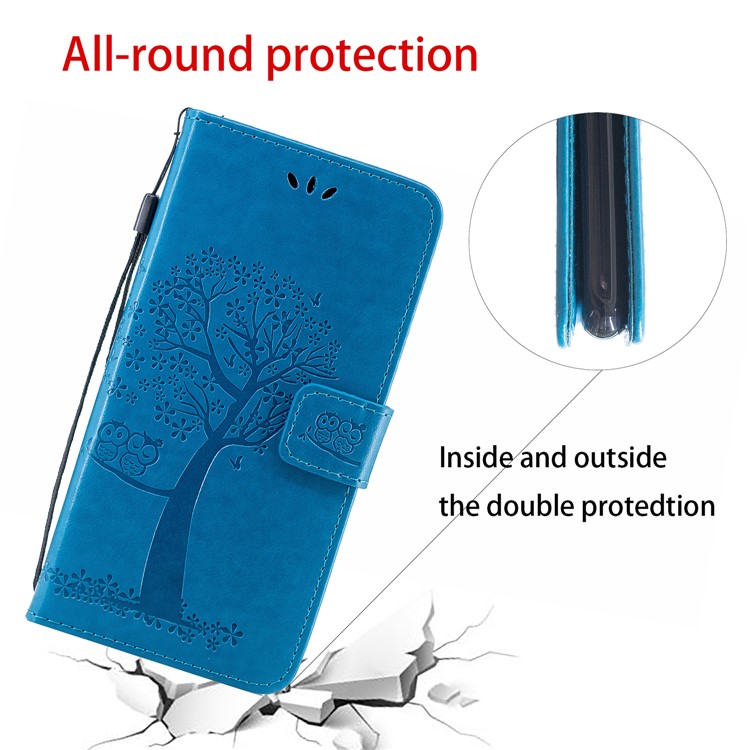 Imprint Tree Owl Leather Wallet Case for Samsung Galaxy M40 - Blue-3