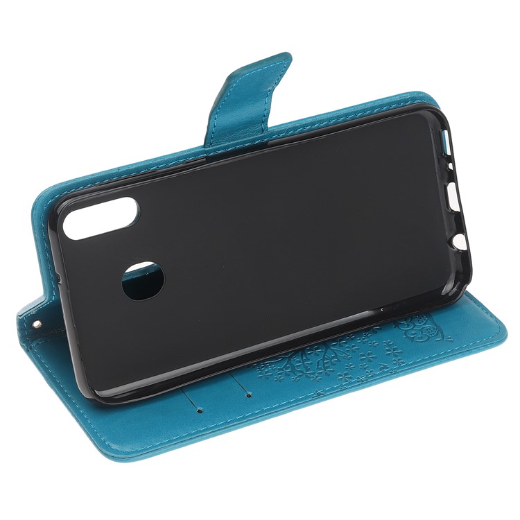 Imprint Tree Owl Leather Wallet Case for Samsung Galaxy M40 - Blue-5