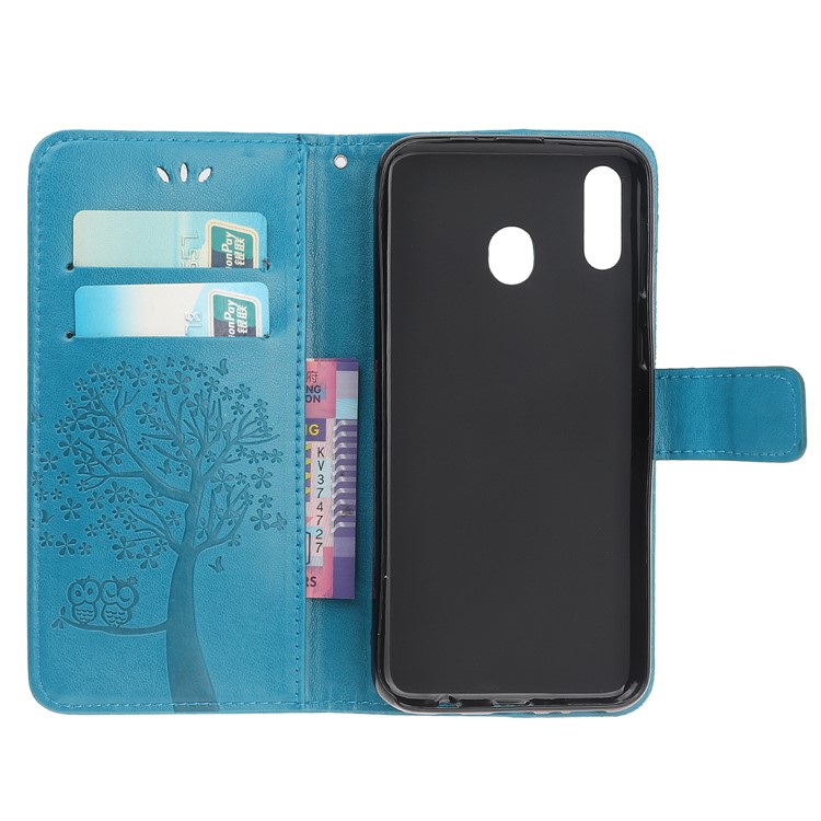 Imprint Tree Owl Leather Wallet Case for Samsung Galaxy M40 - Blue-6