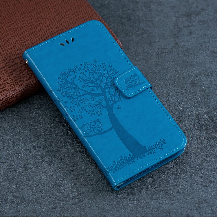 Imprint Tree Owl Leather Wallet Case for Samsung Galaxy M40 - Blue-7