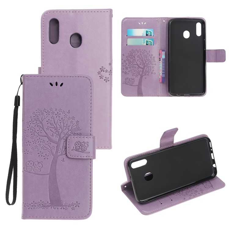 Imprint Tree Owl Leather Wallet Case for Samsung Galaxy M40 - Light Purple-1