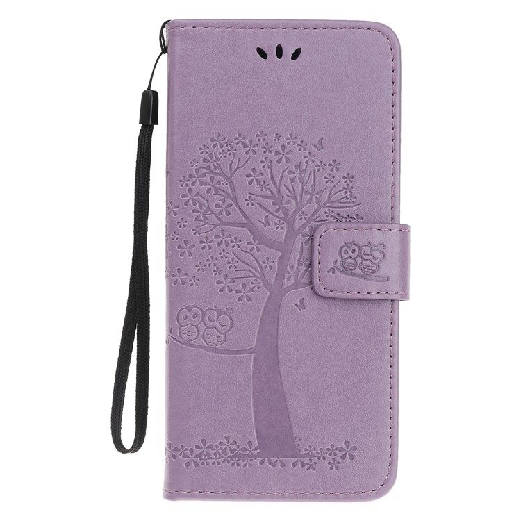 Imprint Tree Owl Leather Wallet Case for Samsung Galaxy M40 - Light Purple-2