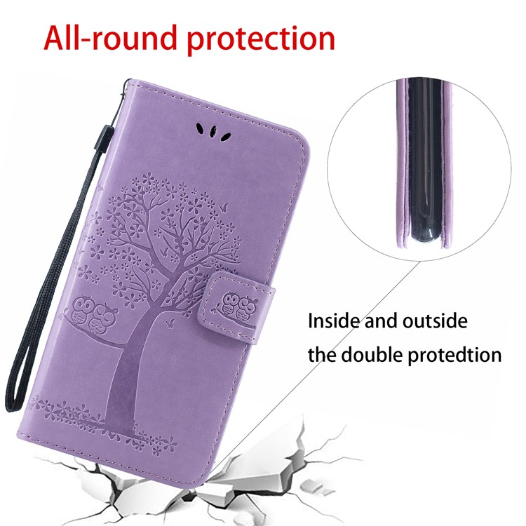 Imprint Tree Owl Leather Wallet Case for Samsung Galaxy M40 - Light Purple-3