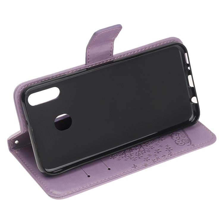 Imprint Tree Owl Leather Wallet Case for Samsung Galaxy M40 - Light Purple-5