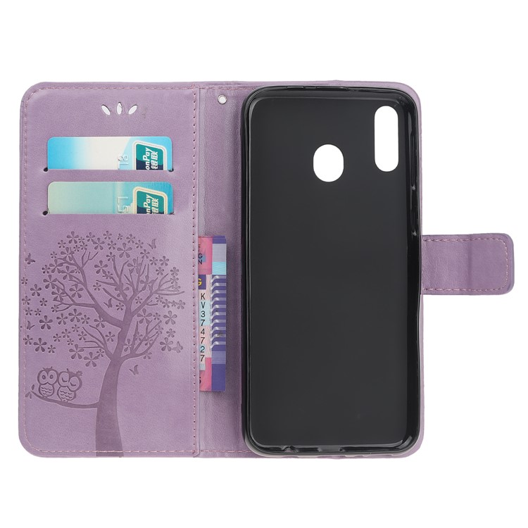 Imprint Tree Owl Leather Wallet Case for Samsung Galaxy M40 - Light Purple-6