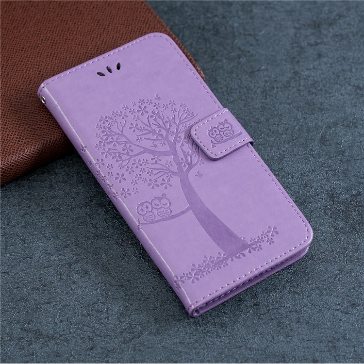 Imprint Tree Owl Leather Wallet Case for Samsung Galaxy M40 - Light Purple-7