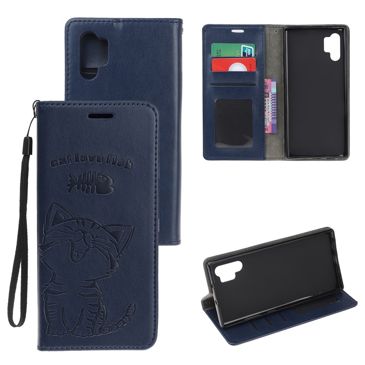 Imprint Cat Pattern PU Leather Flip Stand Phone Case for Samsung Galaxy Note 10 Plus/Note 10 Plus 5G - Dark Blue-1