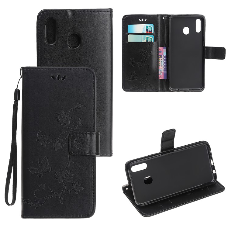Imprint Butterfly Flower PU Leather Flip Stand Phone Case for Samsung Galaxy M40 - Black-1