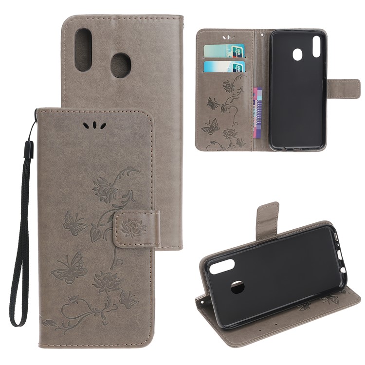 Imprint Butterfly Flower PU Leather Flip Stand Phone Case for Samsung Galaxy M40 - Grey-1