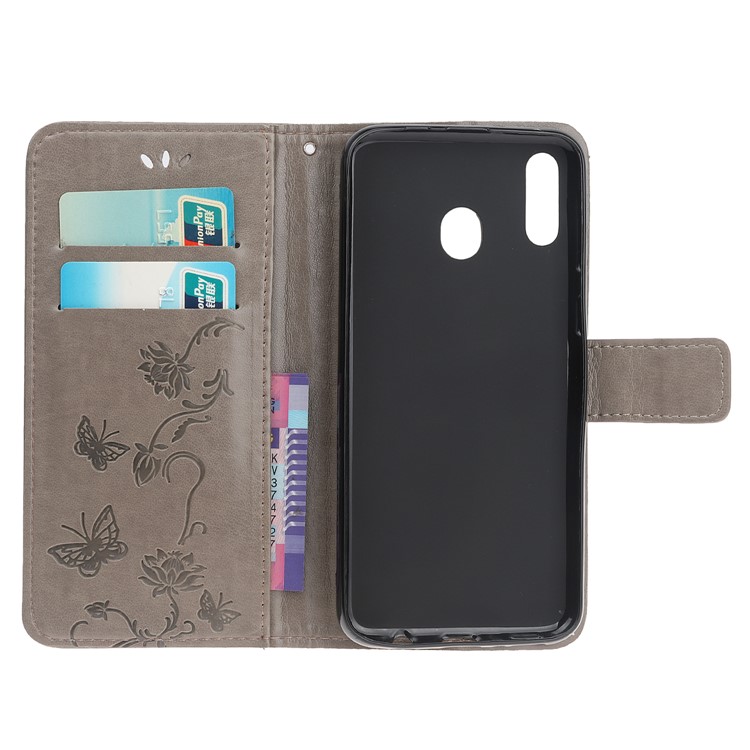 Imprint Butterfly Flower PU Leather Flip Stand Phone Case for Samsung Galaxy M40 - Grey-6