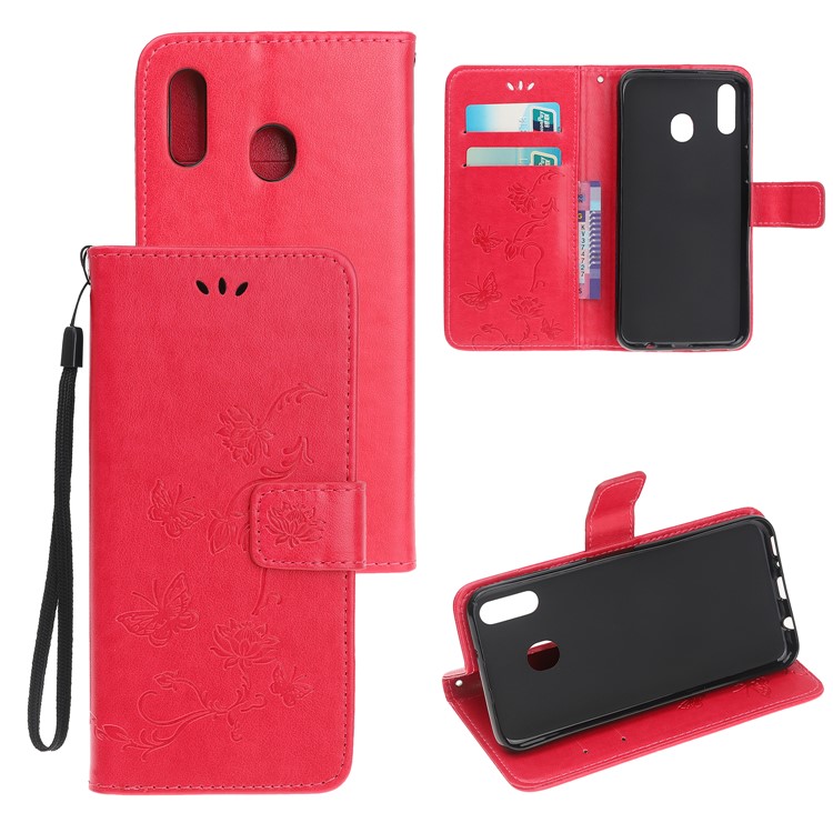 Imprint Butterfly Flower PU Leather Flip Stand Phone Case for Samsung Galaxy M40 - Red-1