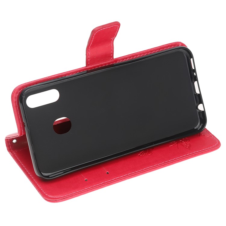 Imprint Butterfly Flower PU Leather Flip Stand Phone Case for Samsung Galaxy M40 - Red-4