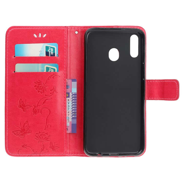 Imprint Butterfly Flower PU Leather Flip Stand Phone Case for Samsung Galaxy M40 - Red-5