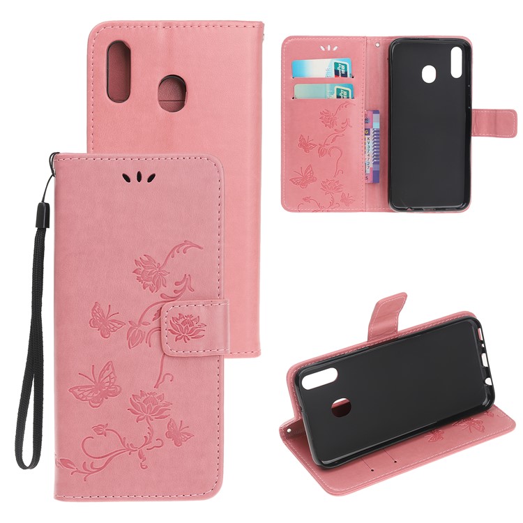Imprint Butterfly Flower PU Leather Flip Stand Phone Case for Samsung Galaxy M40 - Pink-1