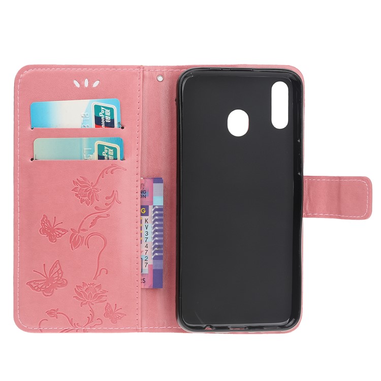 Imprint Butterfly Flower PU Leather Flip Stand Phone Case for Samsung Galaxy M40 - Pink-6