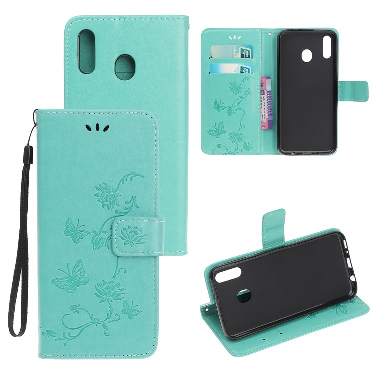Imprint Butterfly Flower PU Leather Flip Stand Phone Case for Samsung Galaxy M40 - Cyan-1