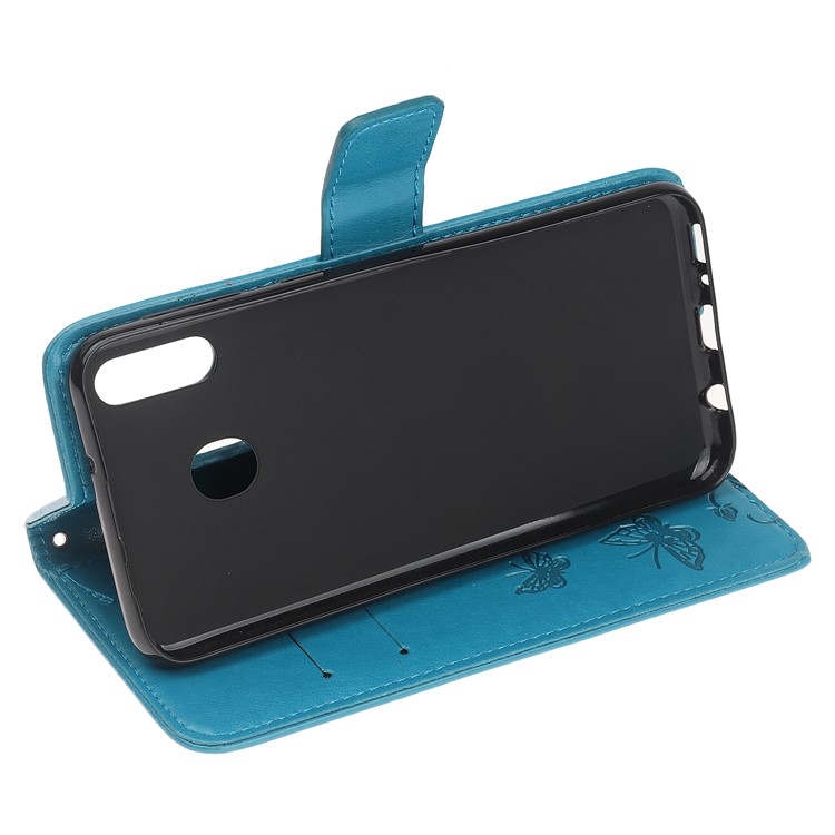 Imprint Butterfly Flower PU Leather Flip Stand Phone Case for Samsung Galaxy M40 - Baby Blue-5