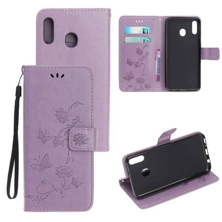 Imprint Butterfly Flower PU Leather Flip Stand Phone Case for Samsung Galaxy M40 - Purple-1