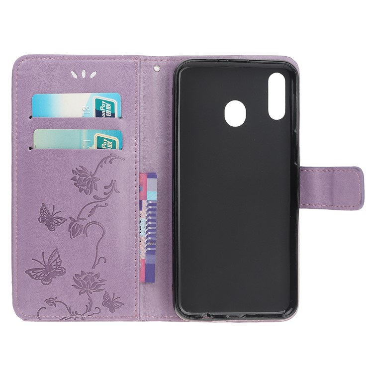 Imprint Butterfly Flower PU Leather Flip Stand Phone Case for Samsung Galaxy M40 - Purple-6
