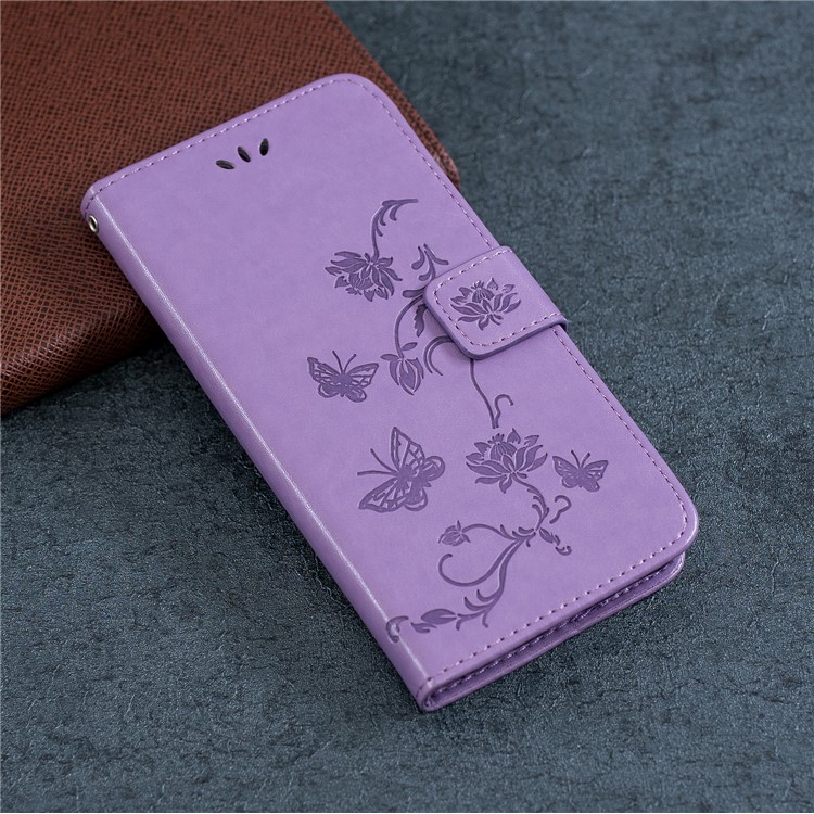 Imprint Butterfly Flower PU Leather Flip Stand Phone Case for Samsung Galaxy M40 - Purple-7