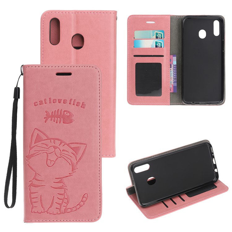 Imprint Cat and Fishbone Pattern Leather Wallet Case for Samsung Galaxy A20e - Pink-1