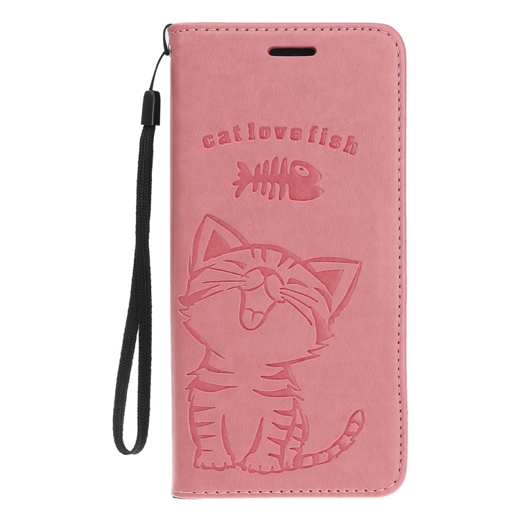 Imprint Cat and Fishbone Pattern Leather Wallet Case for Samsung Galaxy A20e - Pink-2