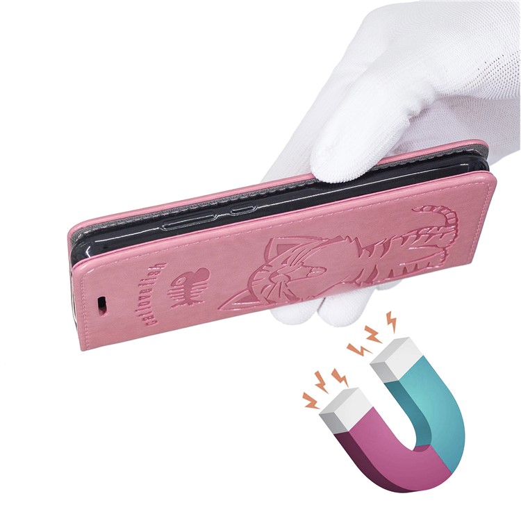 Imprint Cat and Fishbone Pattern Leather Wallet Case for Samsung Galaxy A20e - Pink-3