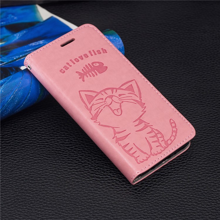 Imprint Cat and Fishbone Pattern Leather Wallet Case for Samsung Galaxy A20e - Pink-7