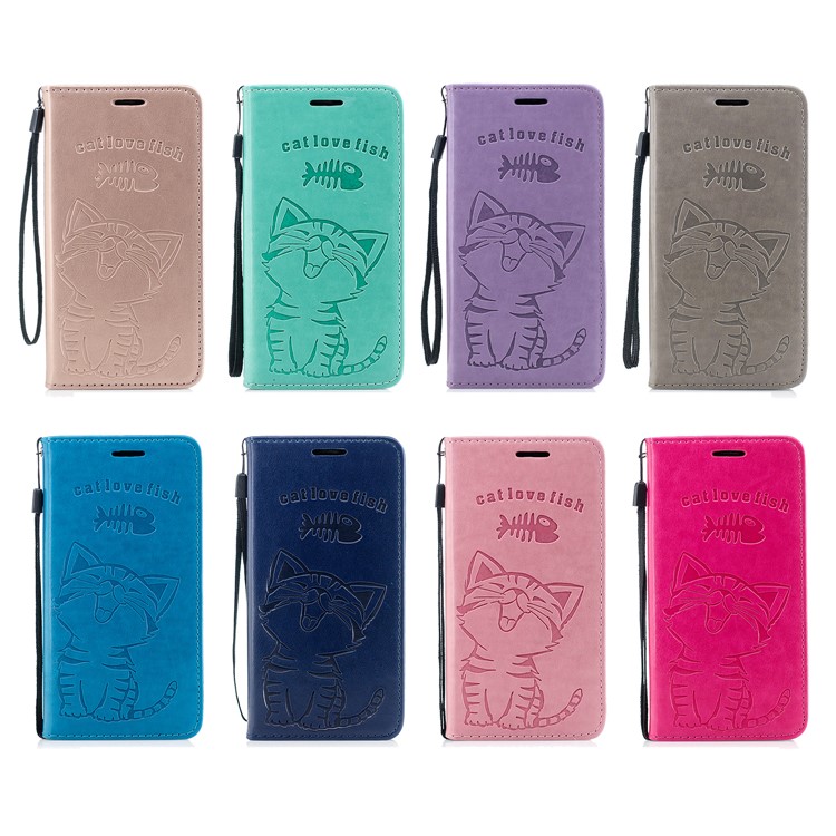 Imprint Cat and Fishbone Pattern Leather Wallet Case for Samsung Galaxy A20e - Pink-8