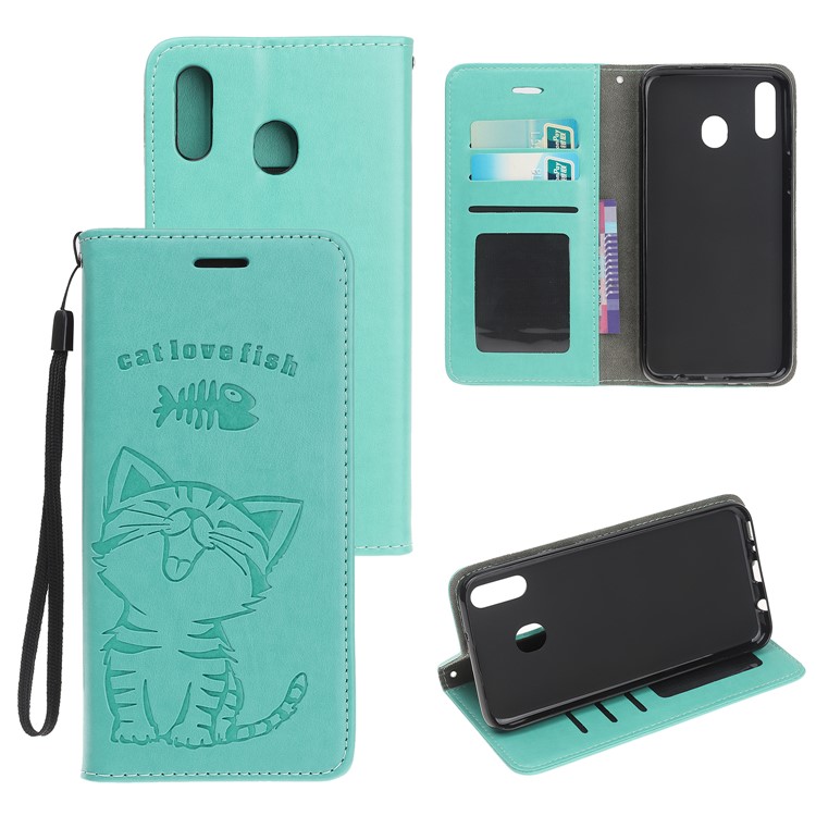 Imprint Cat and Fishbone Pattern Leather Wallet Case for Samsung Galaxy A20e - Cyan-1