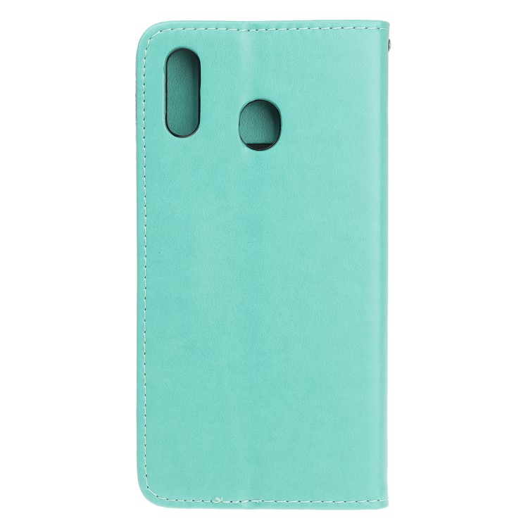 Imprint Cat and Fishbone Pattern Leather Wallet Case for Samsung Galaxy A20e - Cyan-4