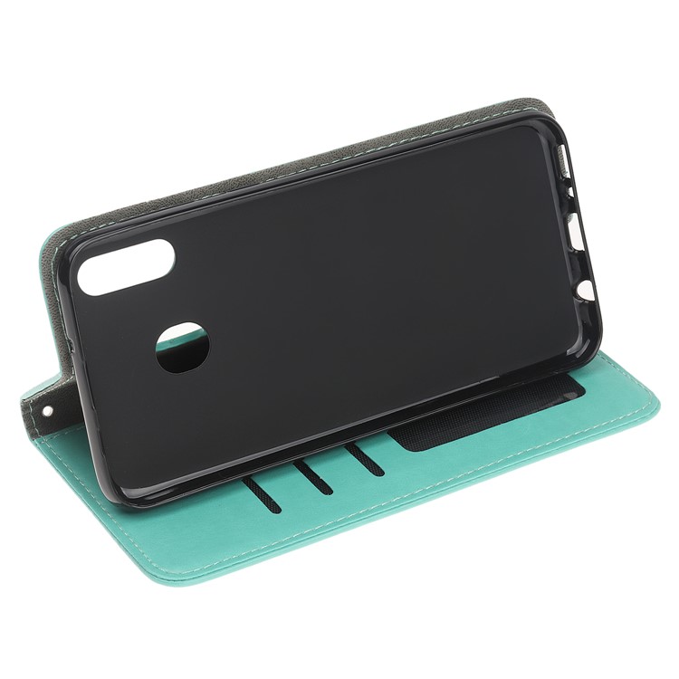 Imprint Cat and Fishbone Pattern Leather Wallet Case for Samsung Galaxy A20e - Cyan-5