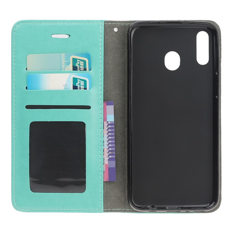 Imprint Cat and Fishbone Pattern Leather Wallet Case for Samsung Galaxy A20e - Cyan-6