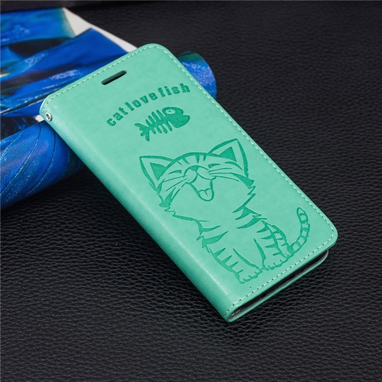 Imprint Cat and Fishbone Pattern Leather Wallet Case for Samsung Galaxy A20e - Cyan-7