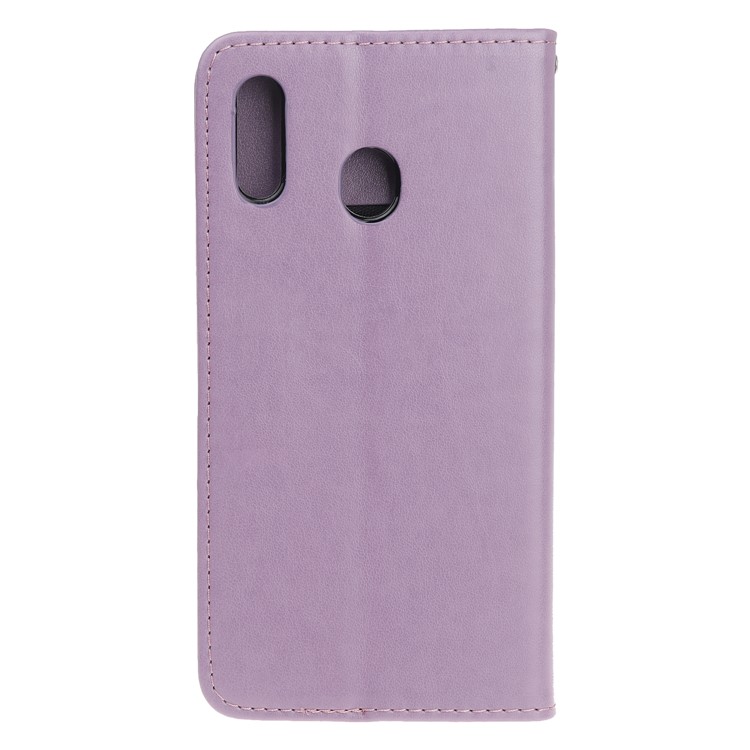 Imprint Cat and Fishbone Pattern Leather Wallet Case for Samsung Galaxy A20e - Purple-4