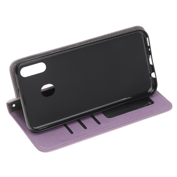 Imprint Cat and Fishbone Pattern Leather Wallet Case for Samsung Galaxy A20e - Purple-5