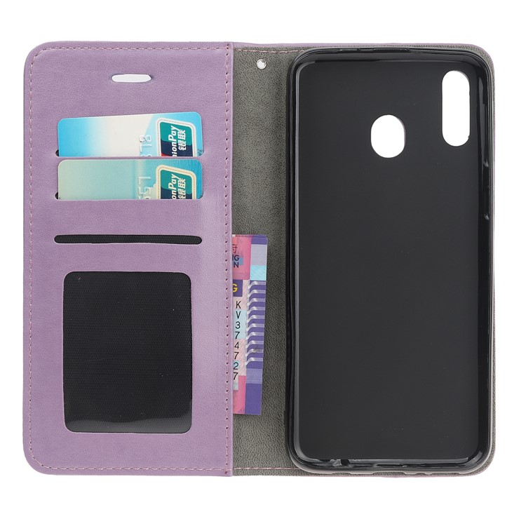 Imprint Cat and Fishbone Pattern Leather Wallet Case for Samsung Galaxy A20e - Purple-6
