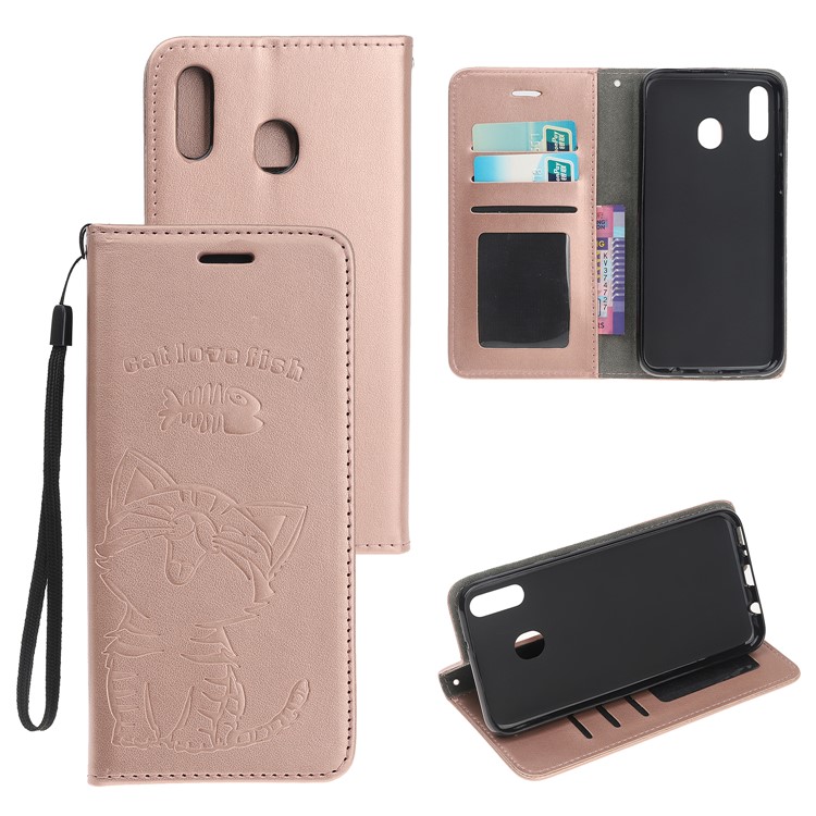 Imprint Cat and Fishbone Pattern Leather Wallet Case for Samsung Galaxy A20e - Rose Gold-1