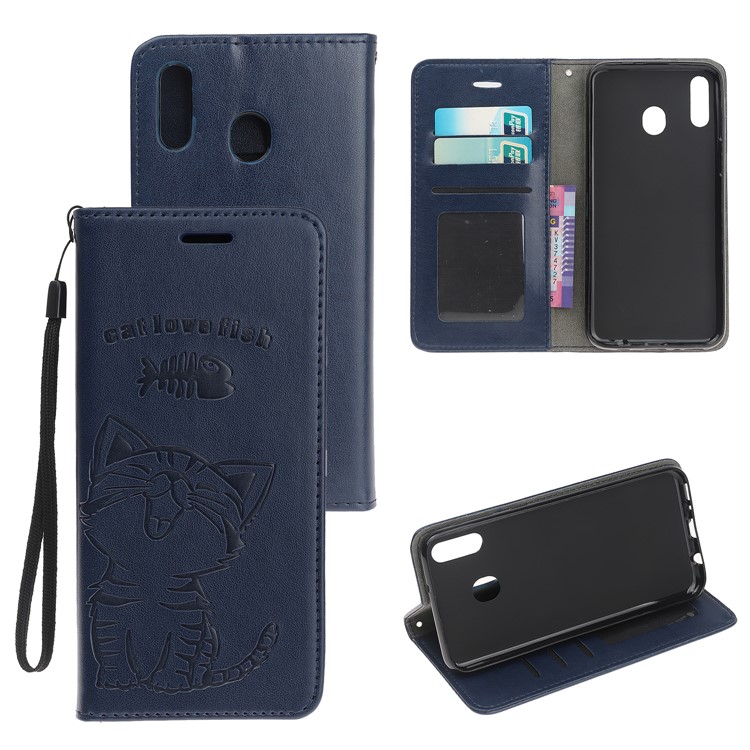 Imprint Cat and Fishbone Pattern Leather Wallet Case for Samsung Galaxy A20e - Dark Blue-1